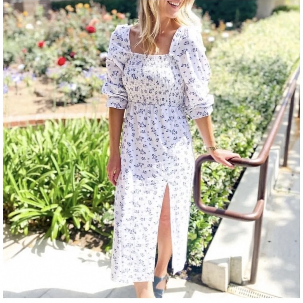 HOUSE OF HARLOW 1960 Linen White Floral Smocked Midi Dress/Easter/Wedding/Spring